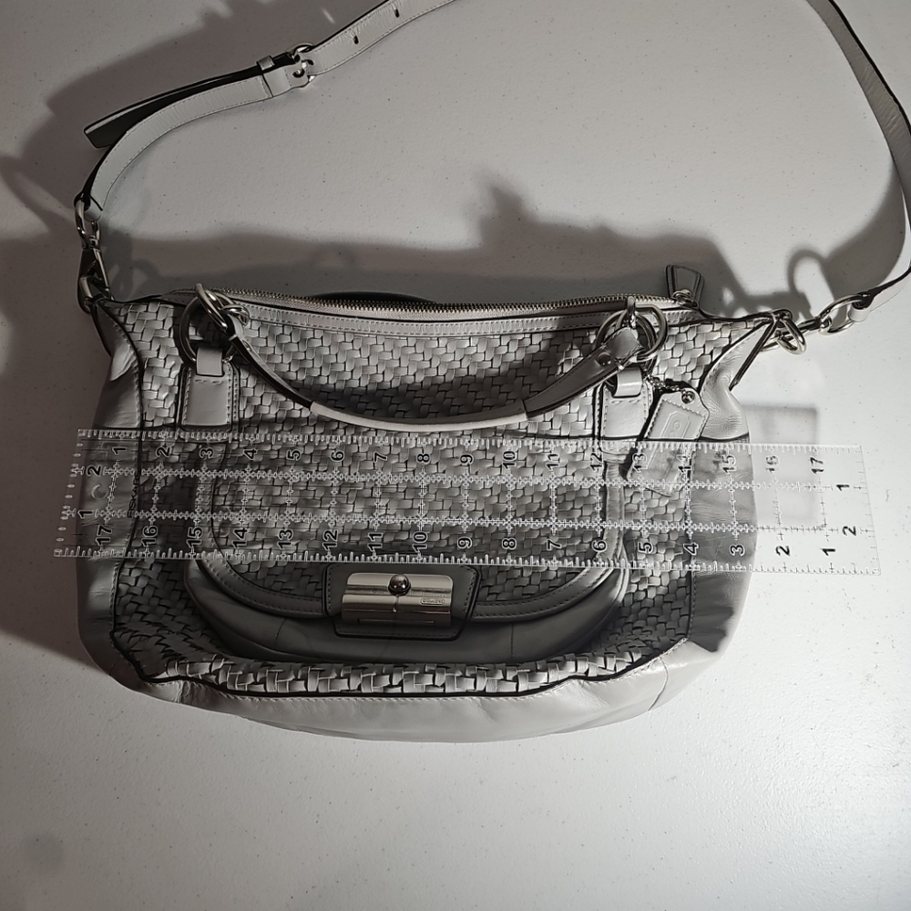 Coach Kristen Woven Round Leather Satchel $498 Authentic Gray/Silver VGUC - Picture 10 of 16